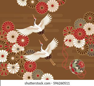 Cranes, handball and chrysanthemums Japanese traditional pattern