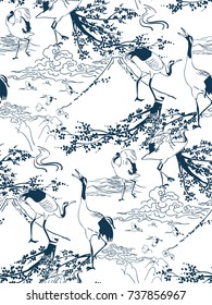 cranes japanese sakura vector pattern