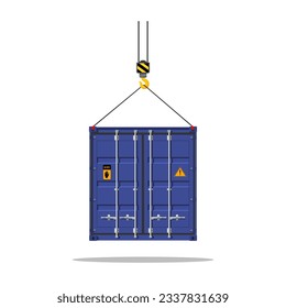 Cranes lift iron containers vector illustration. Crane lifts with cargo container. Industrial crane hook and stack of colorful cargo containers, set of elements. Freight Shipping concept.