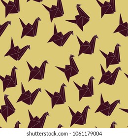 Cranes of origami on a light background. Minimalism. Design. Vector image. Warm color scheme. The theme of Japan. Symbol of happiness and health. Pencil from paper. A pattern for printing.