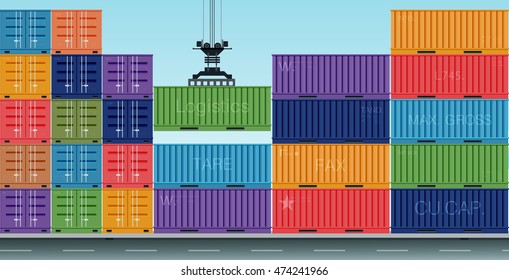 Cranes are sorted container cargo in the sky as a backdrop.