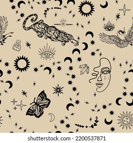 CRANES, stars, month, sun, on a beige background, in the style of a tattoo. seamless pattern with japanese bird. Fashion illustration for t-shirt, fabric, wallpaper, cover, cards. - Vector.