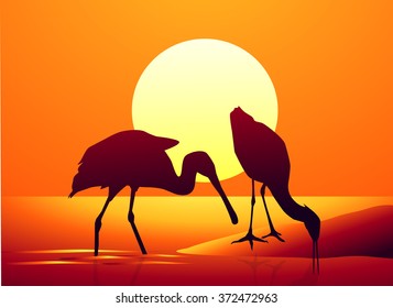 Cranes & Sunset - Vector