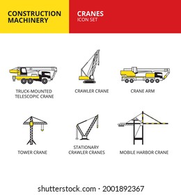 cranes vehicle and transport construction machinery icons set vector