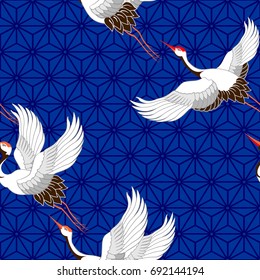 Cranes and waves. Seamless pattern. Vector.