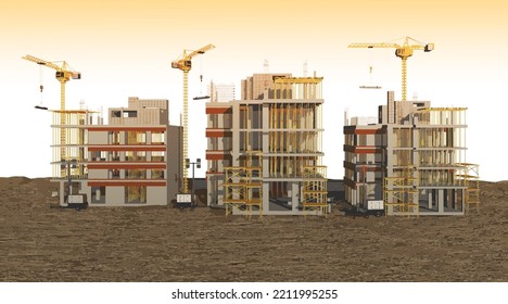 Cranes working at construction site of modern apartments building.Vector illustration