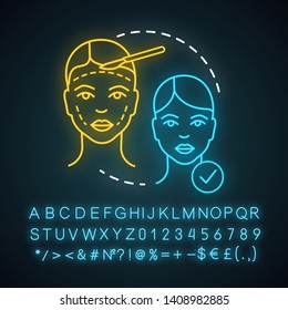 Craniofacial surgery neon light icon. Surgical subspecialty. Head, face deformities. Plastic and reconstructive surgery. Glowing sign with alphabet, numbers and symbols. Vector isolated illustration
