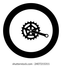 Crankset cogwheel sprocket crank length with gear for bicycle cassette system bike icon in circle round black color vector illustration image solid outline style