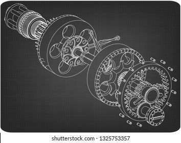 Crankshaft from aircraft engine on a gray background. Drawing