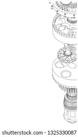 Crankshaft from aircraft engine on a white background. Drawing