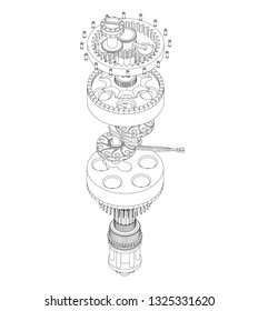 Crankshaft from aircraft engine on a white background. Drawing