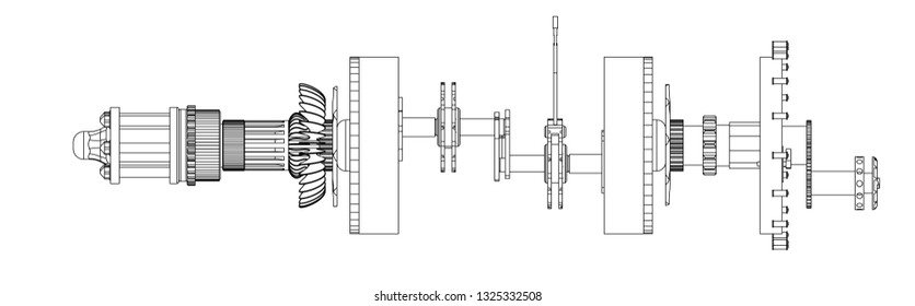 Crankshaft from aircraft engine on a white background. Drawing