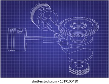 Crankshaft and two pistons on a blue background. Drawing