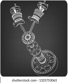 Crankshaft and two pistons on a gray background. Drawing