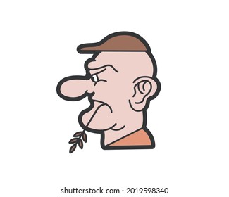 Cranky or angry old white man from England or the Wild West, wearing a hatcowboy hat with a twig in his mouth. Can be used for a logo or icon. Funny, caricature, yankee, creative.