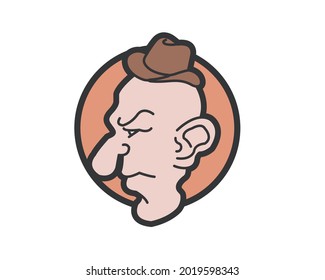 Cranky or angry old white man from England or the Wild West, wearing a hatcowboy hat with a twig in his mouth. Can be used for a logo or icon. Funny, caricature, yankee, creative.