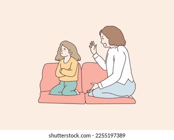 Cranky daughter being scolded by mother simple korean style illustration