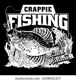 Crappie Fishing T-Shirt Design im Vintage-Stil Schwarz und Weiß