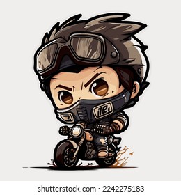 Crartoon character with big head in rides motorcycle, vector illustration in anime style