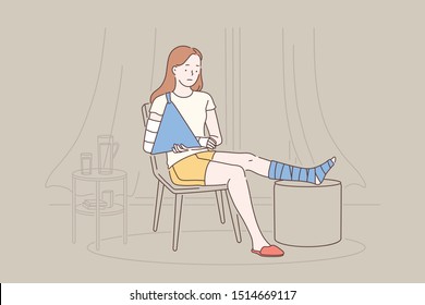 Crash, accident, injury concept. Invalid young girl suffers from a broken arm and leg. Woman disabled after car accident at home rehabilitation. Simple flat vector.