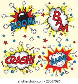 Crash, Boom, Bam And Bang! Four Grouped Comic Book Cloud Bursts And Explosions!