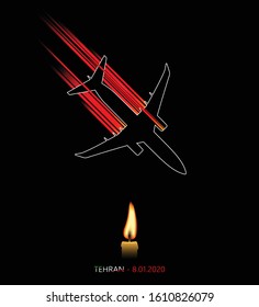 Crash Of A Burning Plane. An Abstract Image Of A Boeing 737 Airplane Crashed In Tehran (Iran) On January 8, 2020 With A Candle. VECTOR Illustration