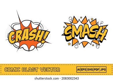 Crash cómic reventó con colores blanco, amarillo y naranja. Rompe el estallido del cómic con color amarillo y blanco. Explosión de cómic. Burbuja de explosión por discursos de caricatura. Vector de explosión de historietas.