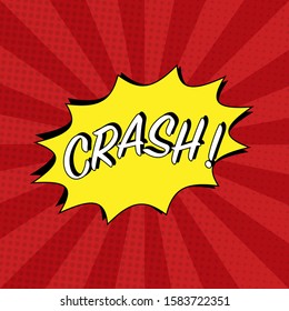 Crash comic cartoon in yellow colors with white cloud, halftone effects and rays. Explosion template. Pop-art style. Vector illustration