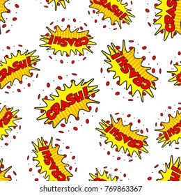 Crash comic sound effects seamless pattern background. Business flat vector illustration. Crash comic cartoon expression sign symbol pattern.