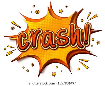 Crash comics poster. Thought bubble and sound effects. Colorful funny banner in pop art style. Yellow-orange cartoon banner with halftone effect. Vector illustration