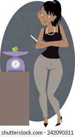 Crash Diet. Woman Weighing A Small Apple 