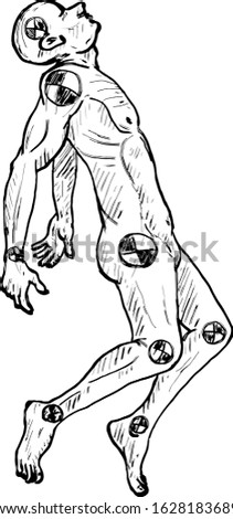 A crash dummy clone flung through the air. Hand drawn vector illustration. 
