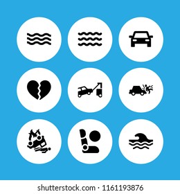 crash icon. 9 crash set with broken, traffic, wave and tow vector icons for web and mobile app