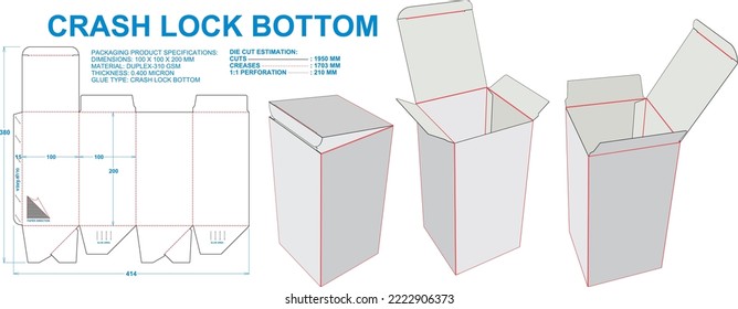 Crash Lock Bottom. Material: Duplex-310 gsm. Dimensions: 100 x 100 x 200 mm (Eps file scale 1:1). 2D: Real illustrations. 3D Box: Illustration only. Equipped die cut estimates prepared for production.