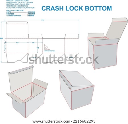 Crash Lock Bottom. Material: Duplex-350 gsm. Dimensions: 150 X 100 X 100 MM (Eps file scale 1:1). 2D: Real illustrations. 3D Box: Illustration only. Equipped die cut estimates prepared for production.