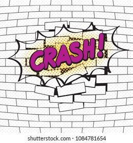 Crash Logo Lettering in Front of Breaking or Exploding Brick Wall Comic Style Illustration - White and Colored Elements on Black Background - Vector Two Dimensional Graphic Design