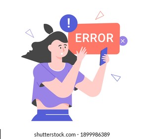 Crash on the web page, in the application, on the server. Female character and error message. Vector flat illustration.