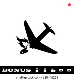 Crash plane icon flat. Black pictogram on white background. Vector illustration symbol and bonus button open and closed lock, folder, star