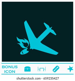 Crash plane icon flat. Blue pictogram on dark background. Vector illustration symbol and bonus icons