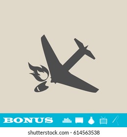 Crash plane icon flat. Grey pictogram on light background. Vector illustration symbol and bonus button real estate, ottoman, vase, tv, fishing rod