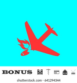 Crash plane icon flat. Red pictogram on blue background. Vector illustration symbol and bonus buttons Music center, corkscrew, credit card, house, drum