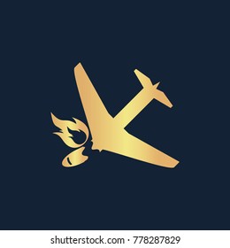 Crash plane icon flat. Simple gold pictogram on dark background. Vector illustration symbol
