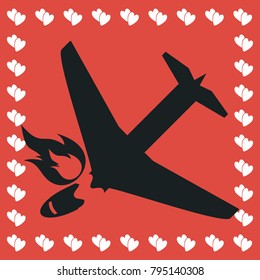 Crash plane icon flat. Simple black pictogram on red background with white hearts for valentines day. Vector illustration symbol