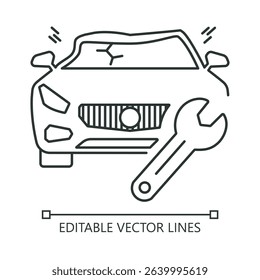 Crash repair line icon. Car crash repair concept with cracked windshield and wrench symbolizing repair needs. Suitable for automotive, insurance, and repair service designs.