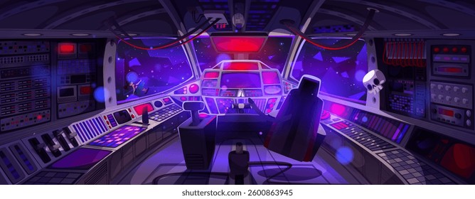Crash situation in futuristic spaceship cockpit interior view - dashboard controls, multiple displays, neon screens. Red emergency lights flashing, alarms, sparks indicate spacecraft systems failure.