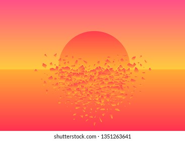 Crash splinters of sun on pink background. Vector colorful geometric illustration. Summer sea party poster. Retro flat design.