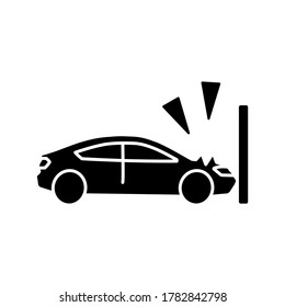 Crash test black glyph icon. Traffic accident, car wreck, life insurance silhouette symbol on white space. Vehicle protective systems check. Automobile hitting wall vector isolated illustration