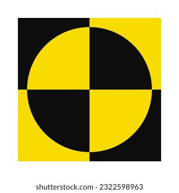 Crash test black, yellow square circle. A quartered circular icon inside a squared safety symbol. Isolated on a white background.