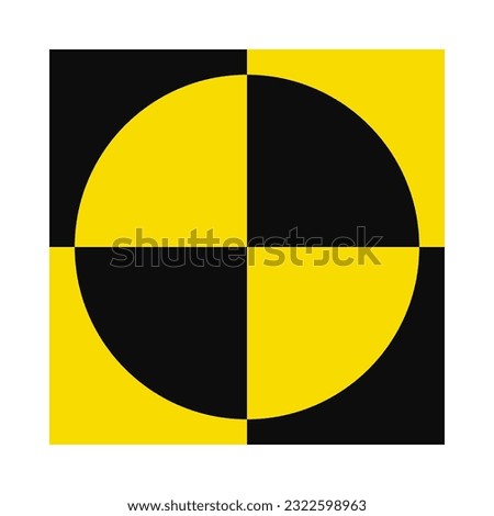 Crash test black, yellow square circle. A quartered circular icon inside a squared safety symbol. Isolated on a white background.