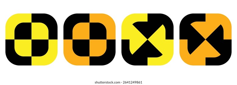 Crash test black, yellow stroke circle. A quartered circular safety symbol. Isolated on a white background.